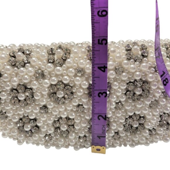 Simon Chang Pearl and Crystal Studded Evening Cocktail Wedding White Purse - Picture 15 of 16